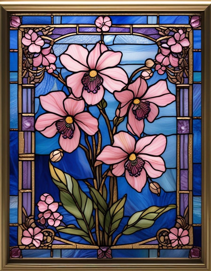 Victorian Stained Glass Art: Pink Aconite Flowers