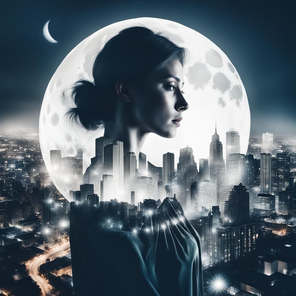 Double Exposure: Woman and Mesmerizing Cityscape in Moonligh...