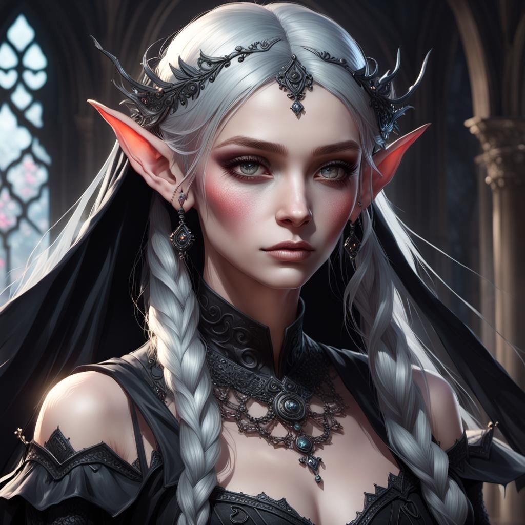 Gothic Elf in Black Wedding Dress Portrait