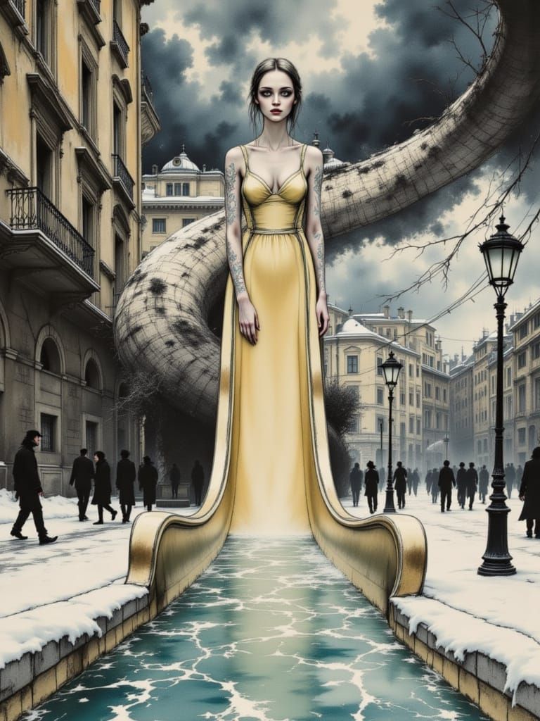 Surreal Japanese Water Scene in Moody Ink Brush Style