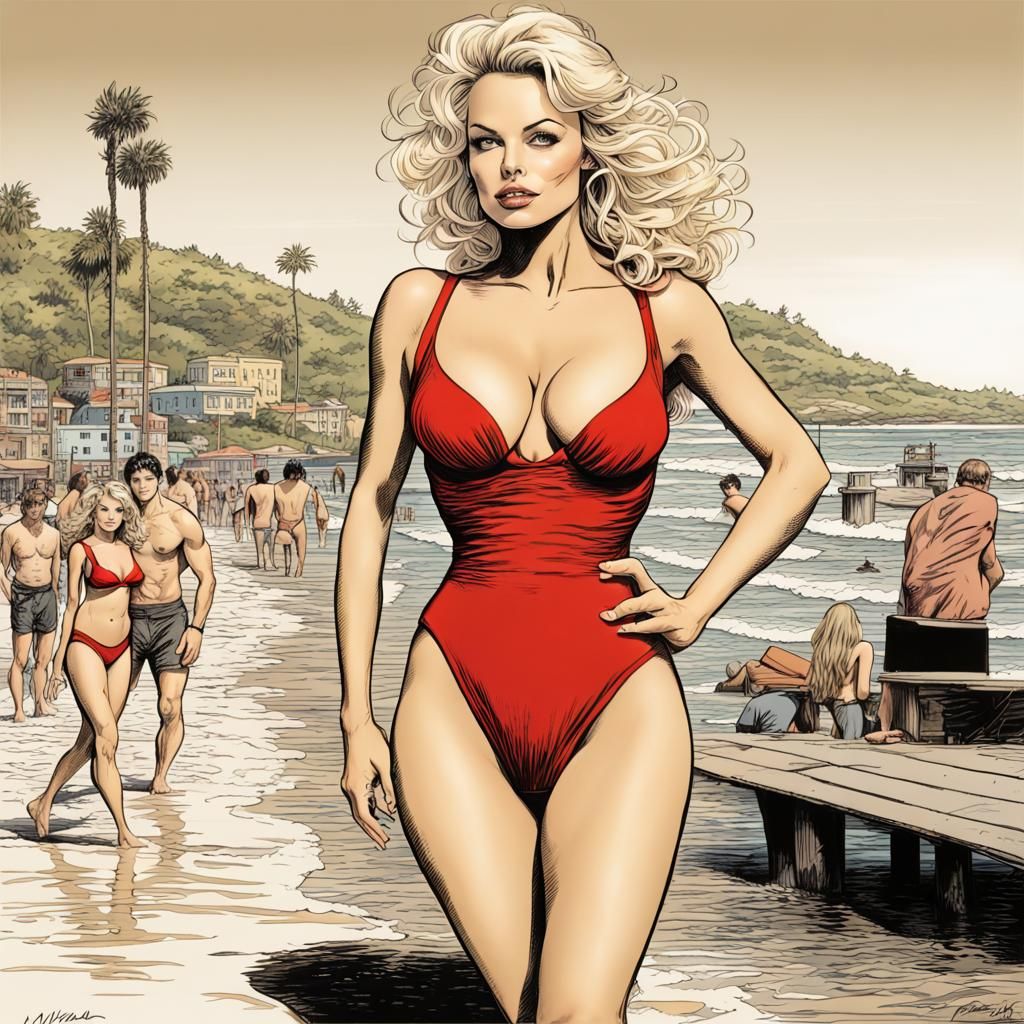 Baywatch Beauty on Los Angeles Beach in Comic Style