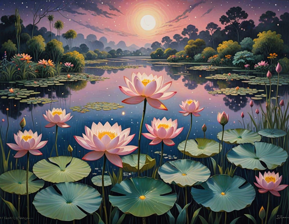 Cosmic Lotus Pond in Impressionist Style