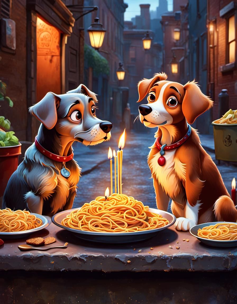 Lady and the Tramp Share Spaghetti: Digital Art