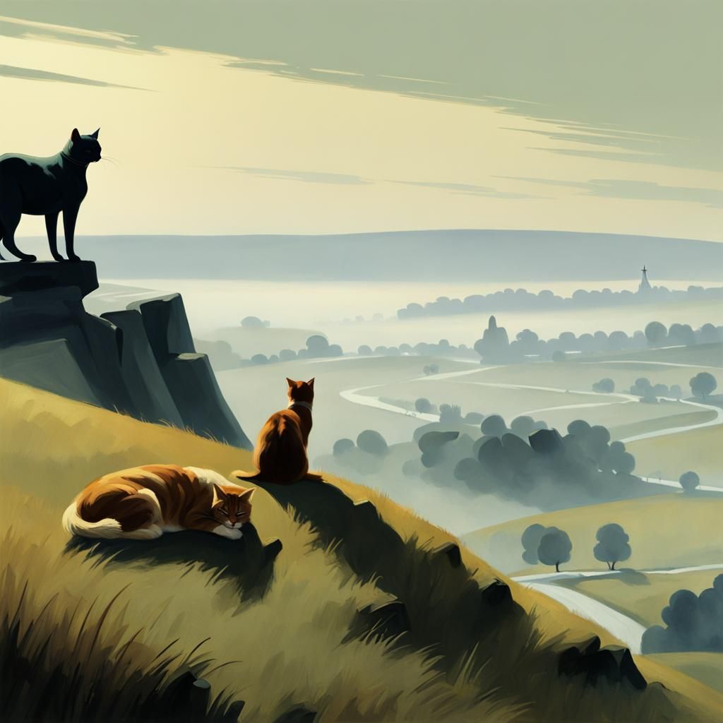 Cats and Ponies on a Misty Hill in Art Deco