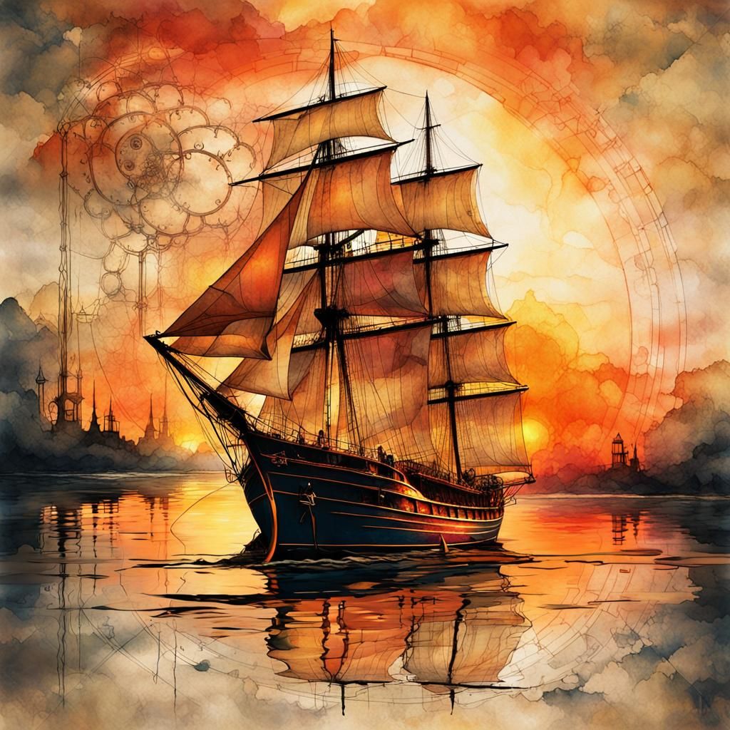 Sailboat Sunset in Steampunk Ink Painting Style
