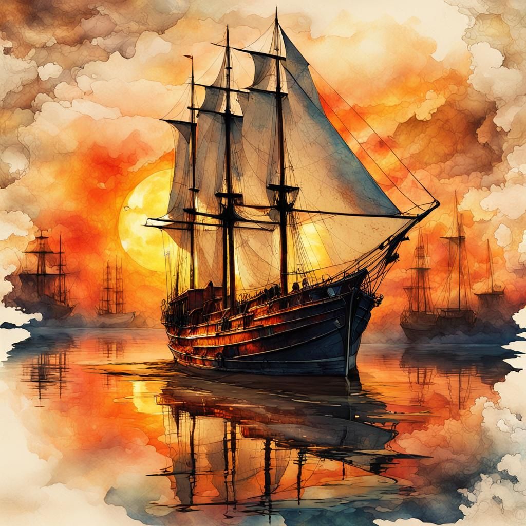 Sailboat at Sunset in Steampunk Ink Painting