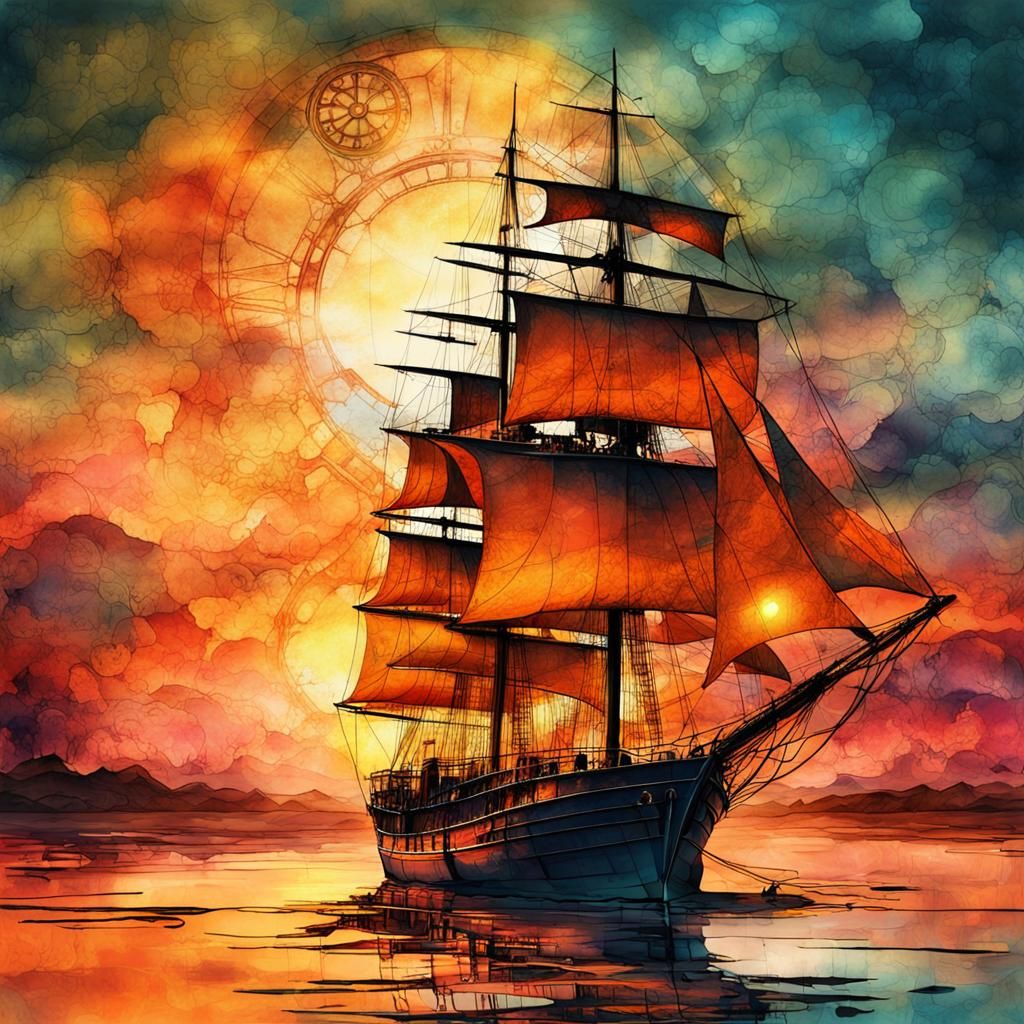 Sunset Sailboat in Steampunk Ink Painting Style
