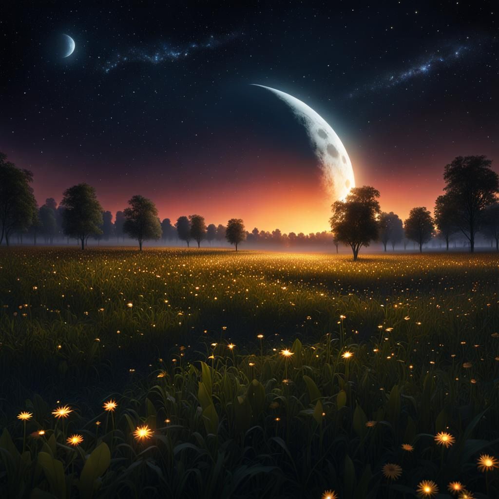 Mystical Firefly Field at Night in Fantasy Art Style
