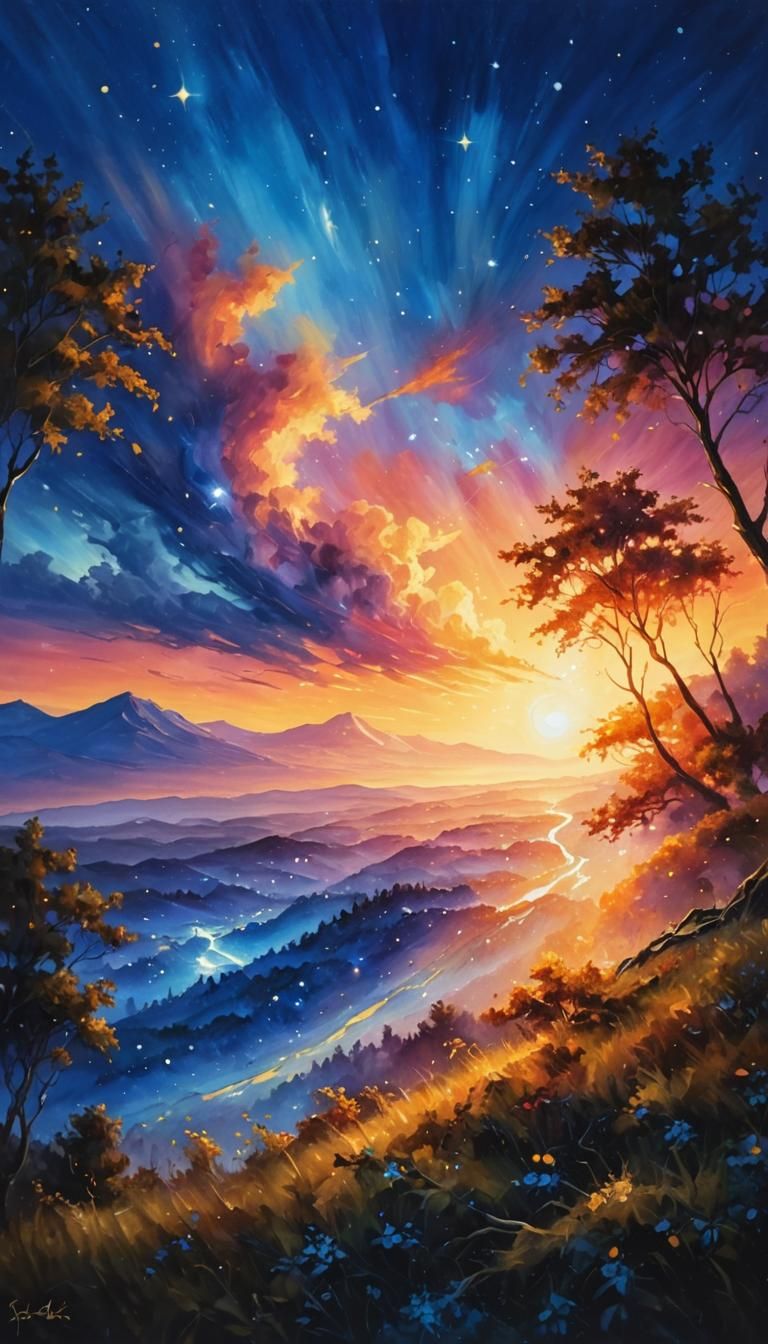 Majestic Glowing Tree Under Starry Skies in a Dreamlike Oil....