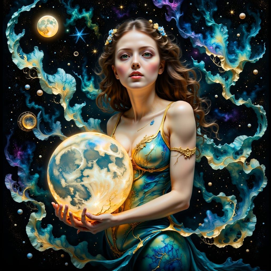 Luna Goddess Holds Moon in Star-Dusted Cosmos