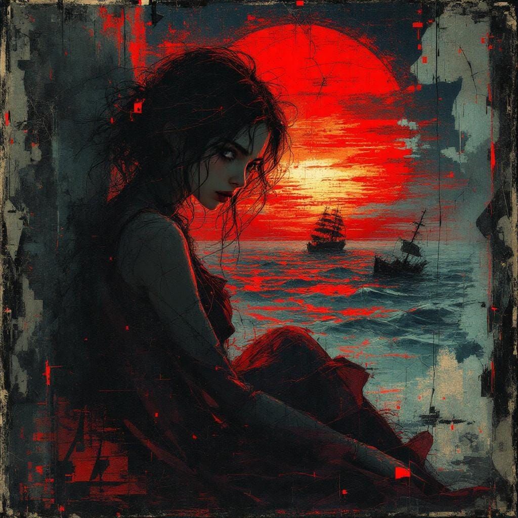 Dramatic Anime Woman in Glitchy TV Style