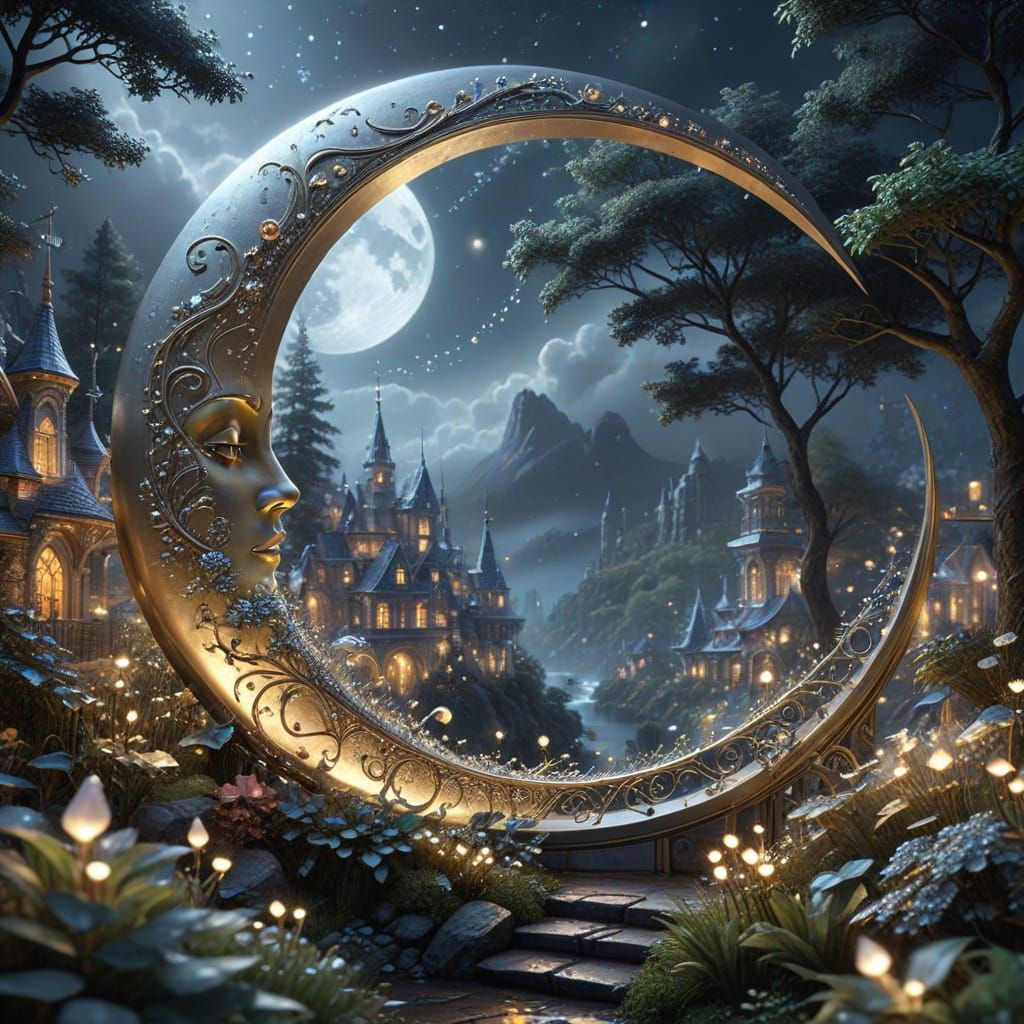 Golden Moon Cityscape With Pearls and Diamonds