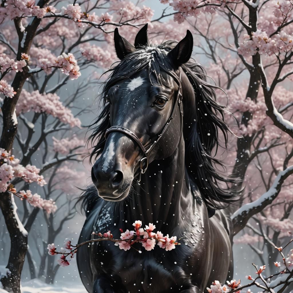 Black Horse in Snow with Sakura Blossoms