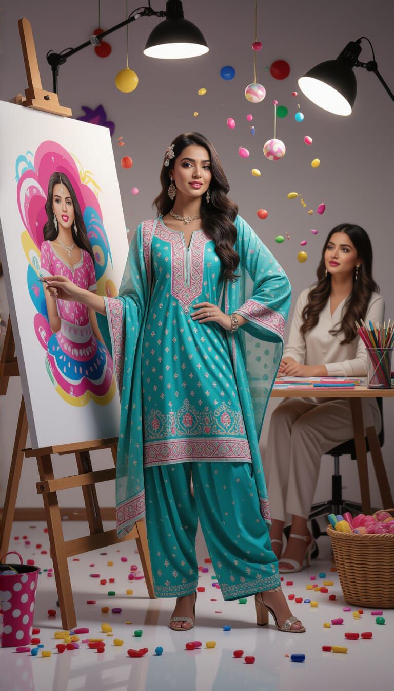 Model Emerges from Painting in Candy Art Style