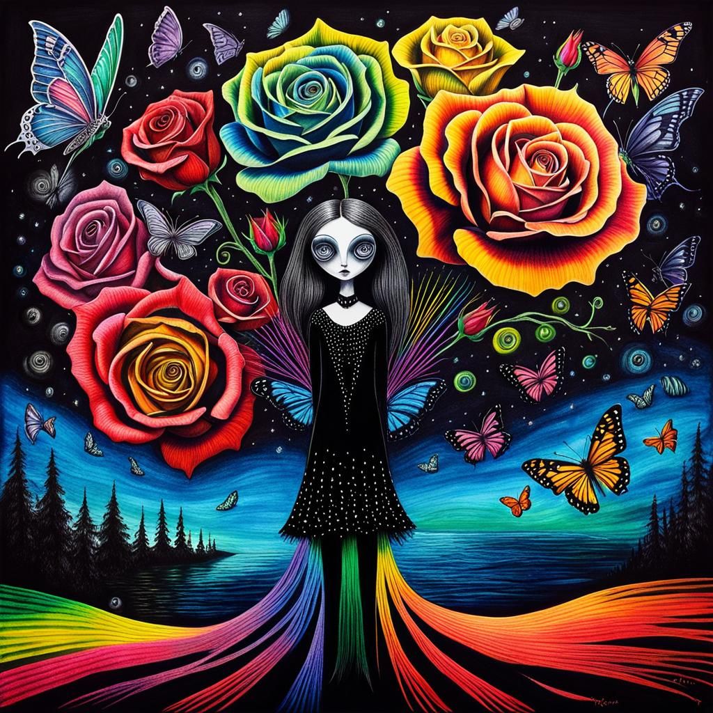 Surreal Crayon Art: Goth Woman in Darkness