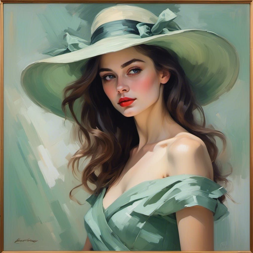 Dreamy Brunette Woman in Fedora: Soft Oil Painting
