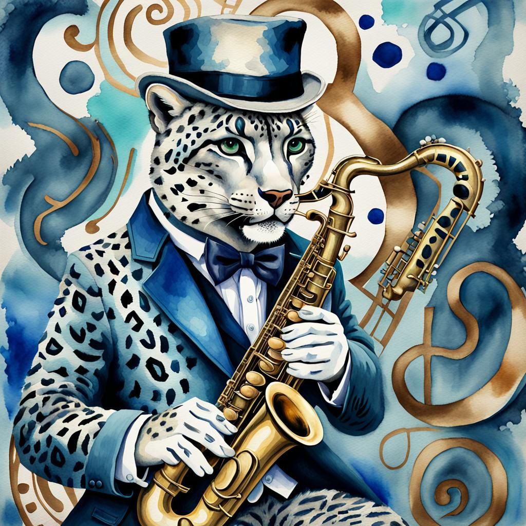 Snow Leopard Jazz Saxophonist in Watercolor Style