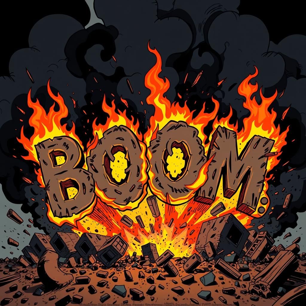 an explosive scene where the word 'BOOM' is spelled out in t...