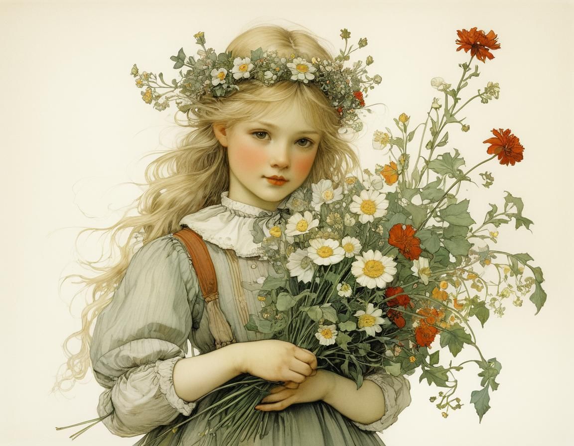 Girl with Flowers in Golden Age Illustration Style