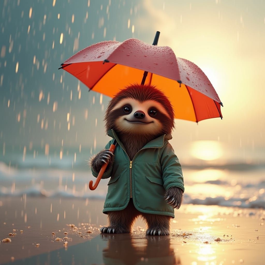Sloth on Rainy Beach with Umbrella: 3D Render