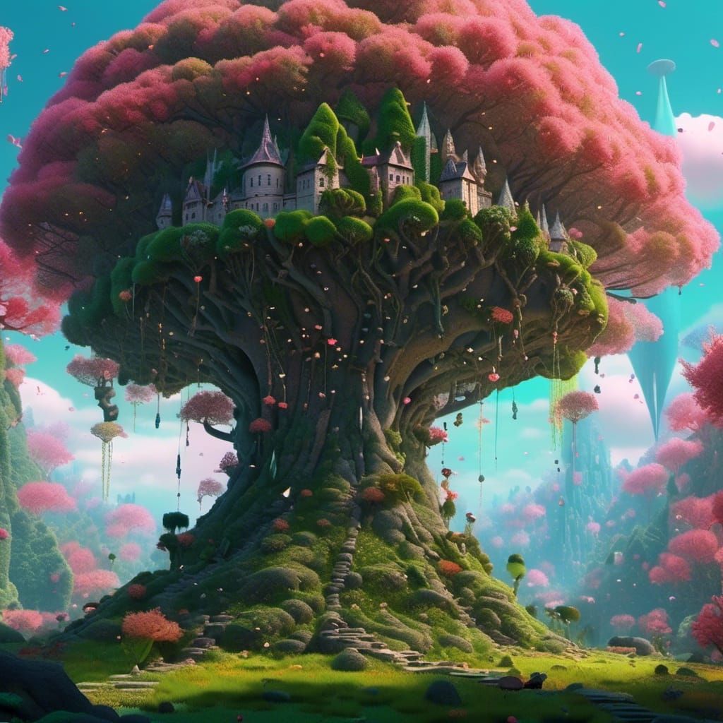 Surreal Tree Castle with Mushroom Creatures