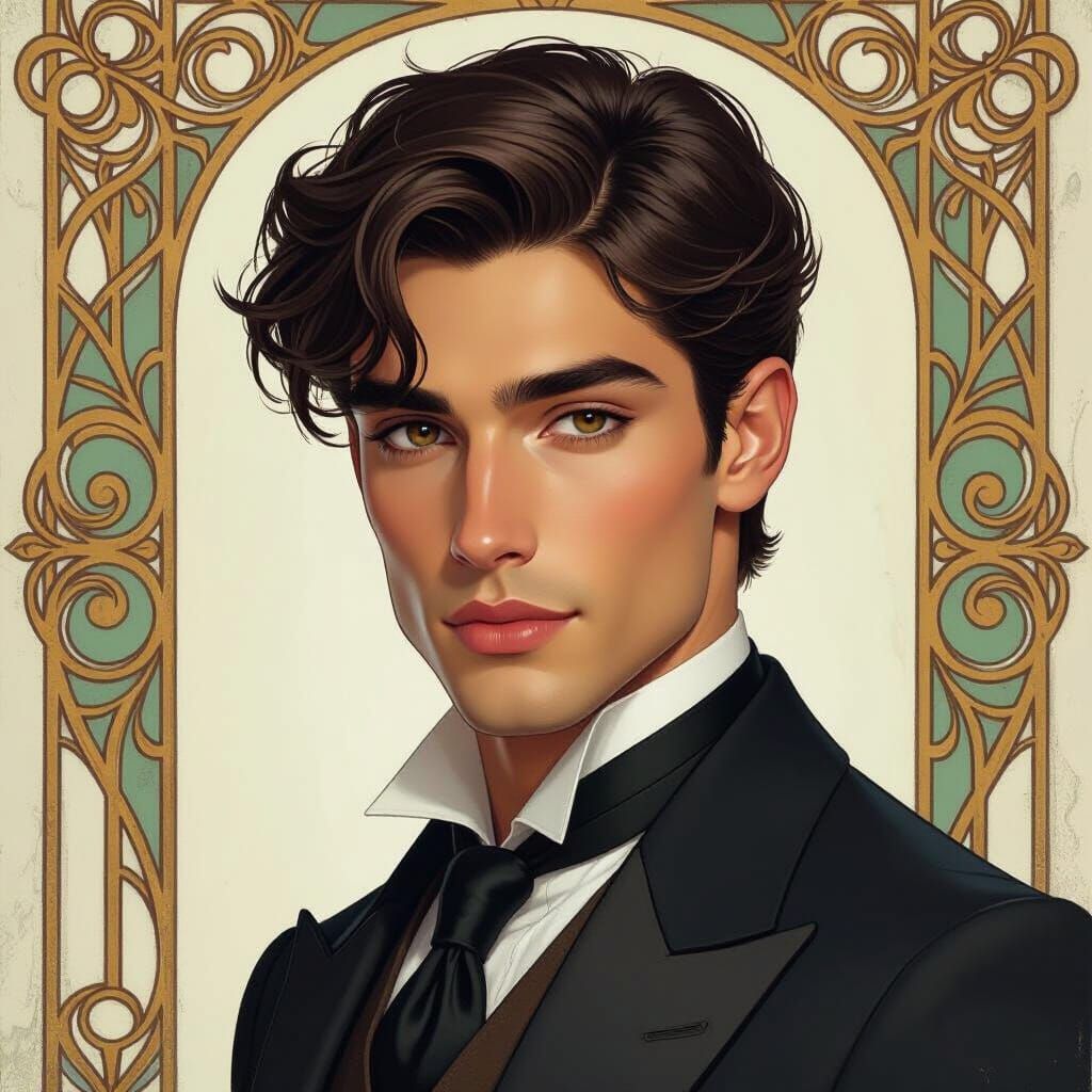 Elegant Young Man in Art Nouveau Futuristic Style