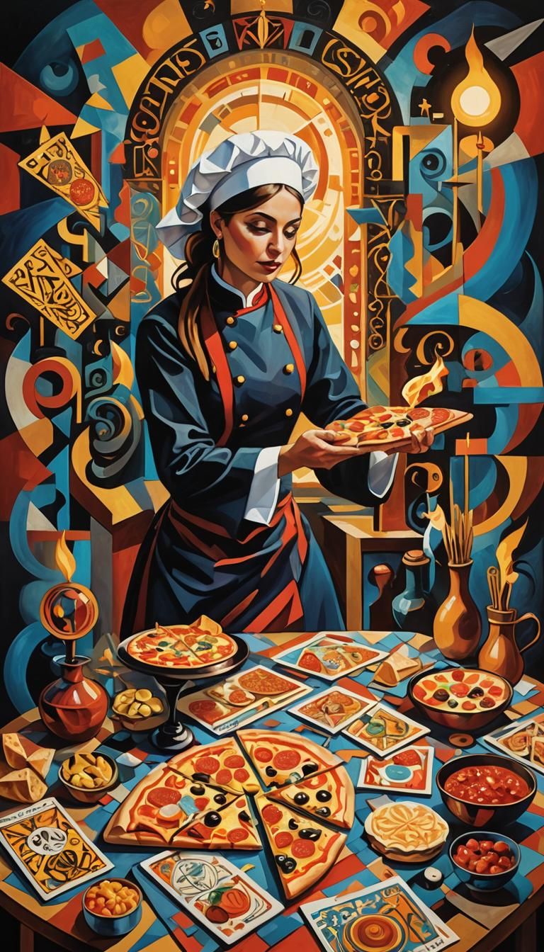 Cubist Female Chef's Macabre Pizza Tarot Dance