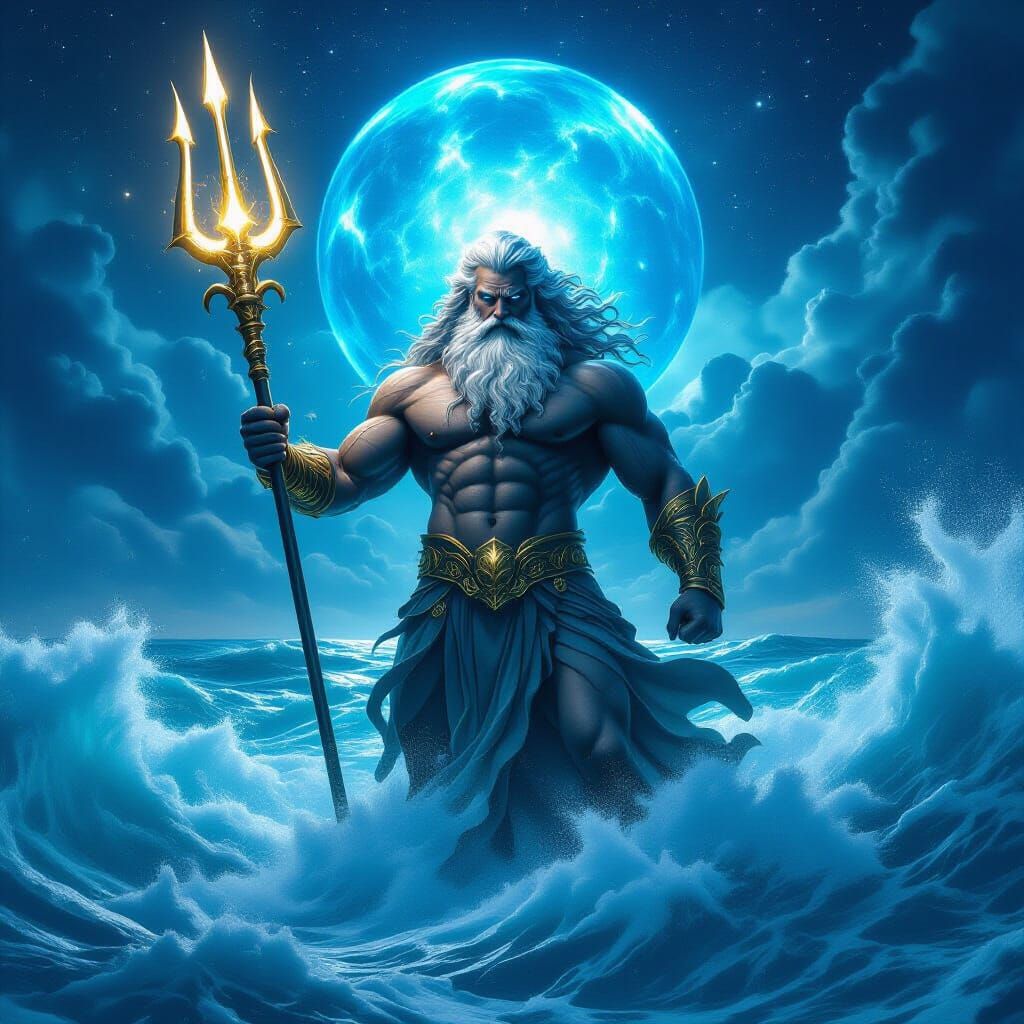 Poseidon God of the Sea Majestic Figure with Glowing Trident