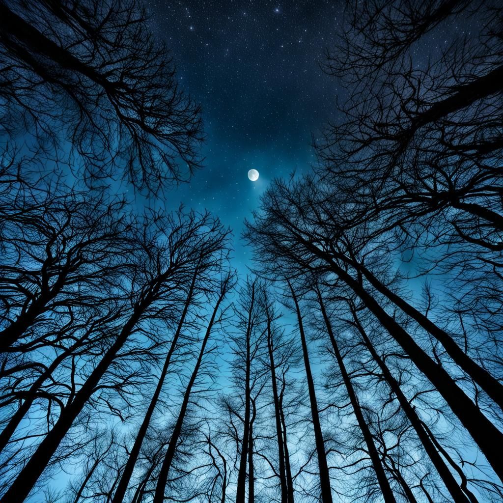 Moonlit Night Sky Through Leafless Trees