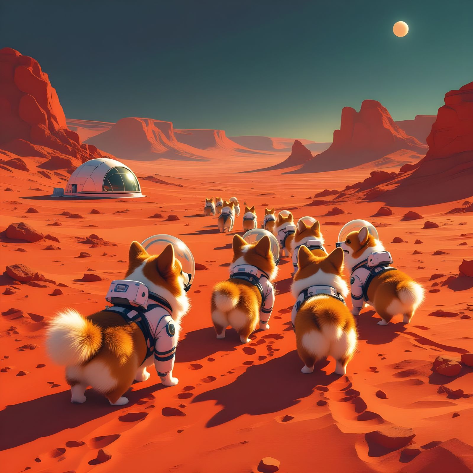 Fluffy Corgis Explore Mars in Concept Art Style