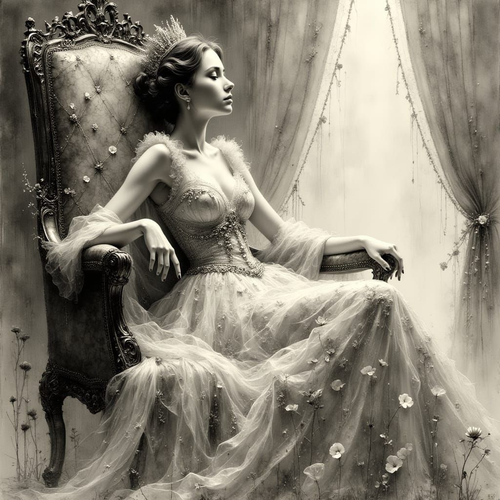 Surreal Royal Woman on Throne in Pencil and Charcoal