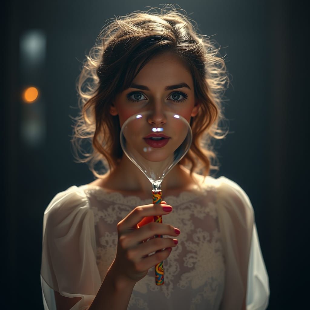Woman Blowing Heart Bubble in Hyperrealistic Style