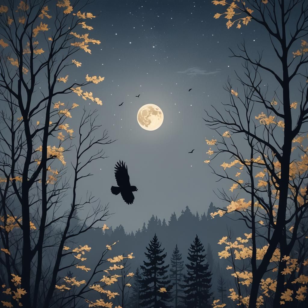 Moonlit Forest with Owl in Minimalist Style