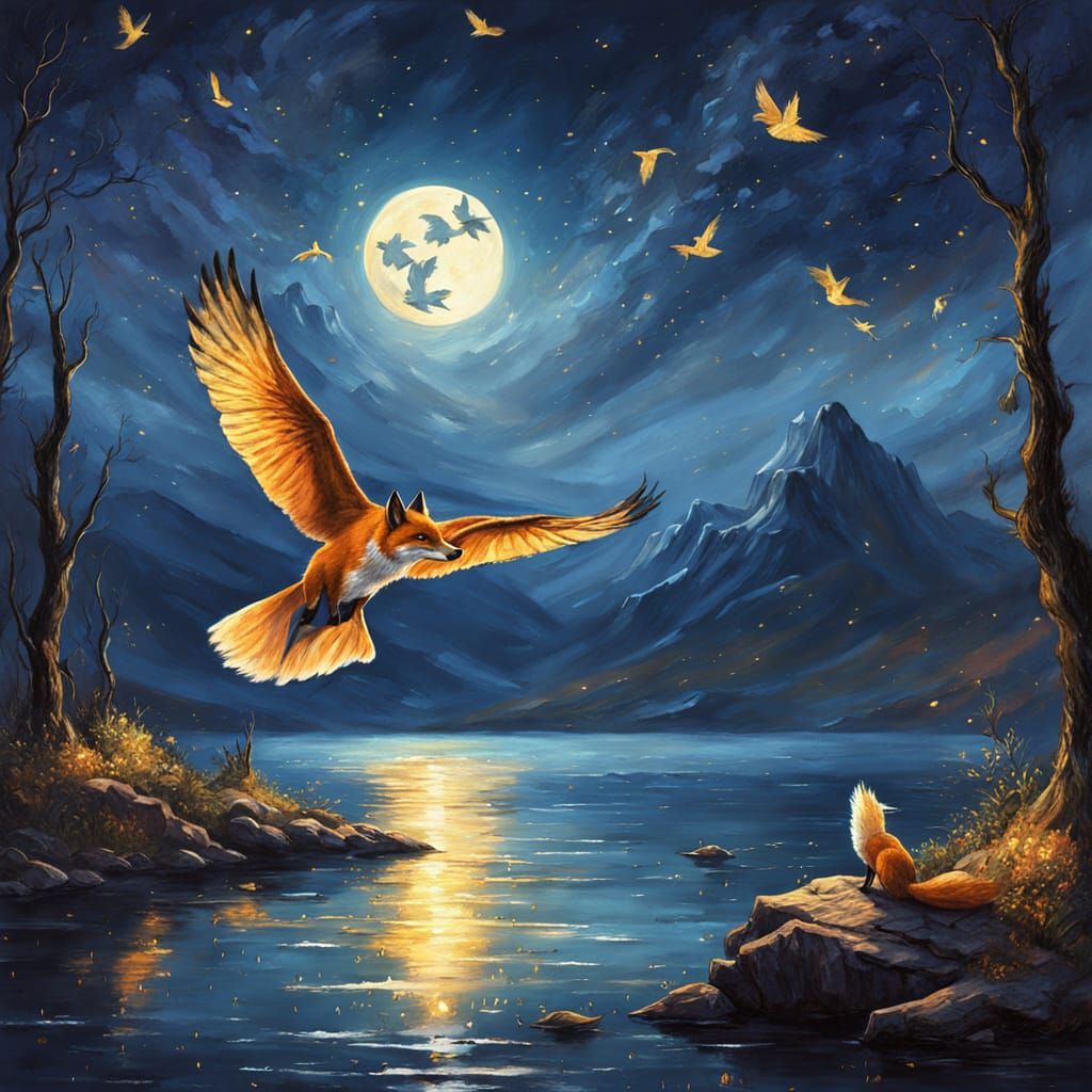 Surreal Fantasy Fox Under a Golden Shimmering Moon