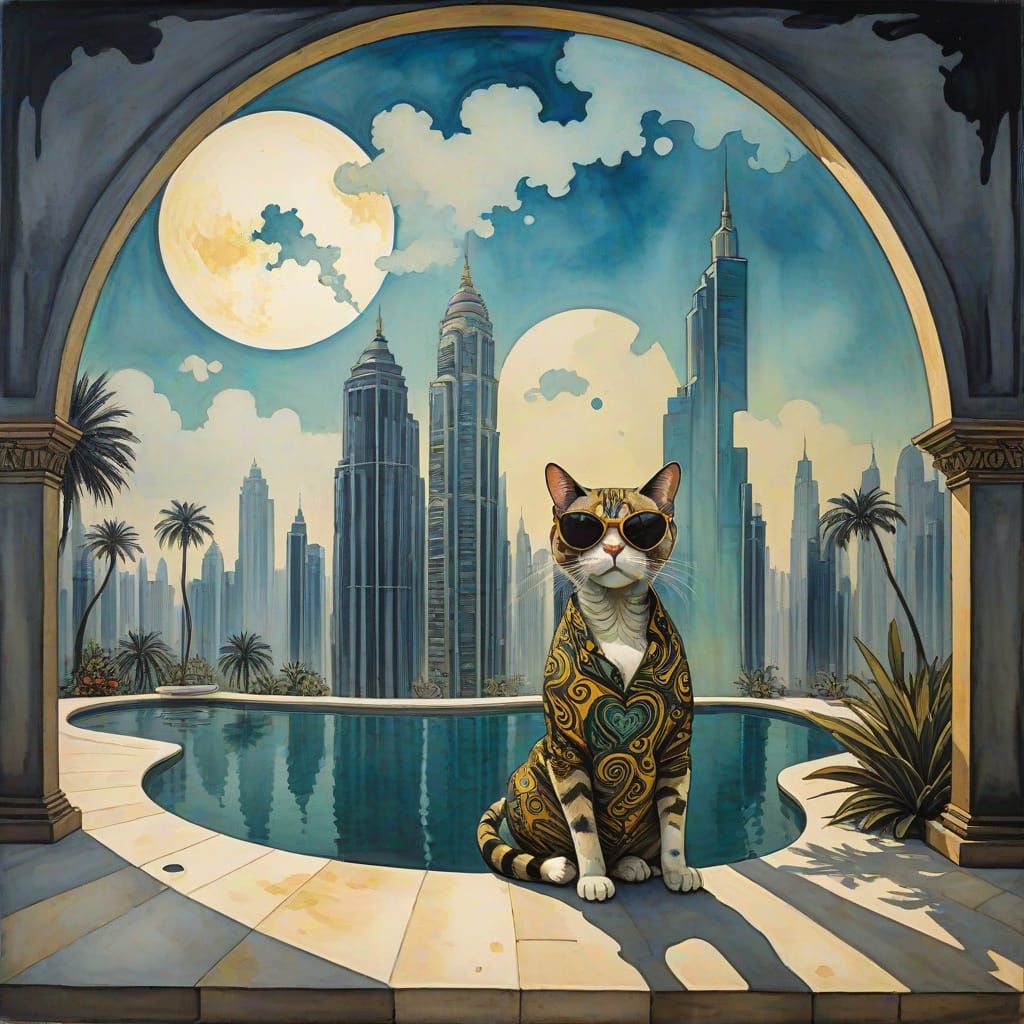 Dubai Cat in Tropical Bikini, Dark Fantasy Art