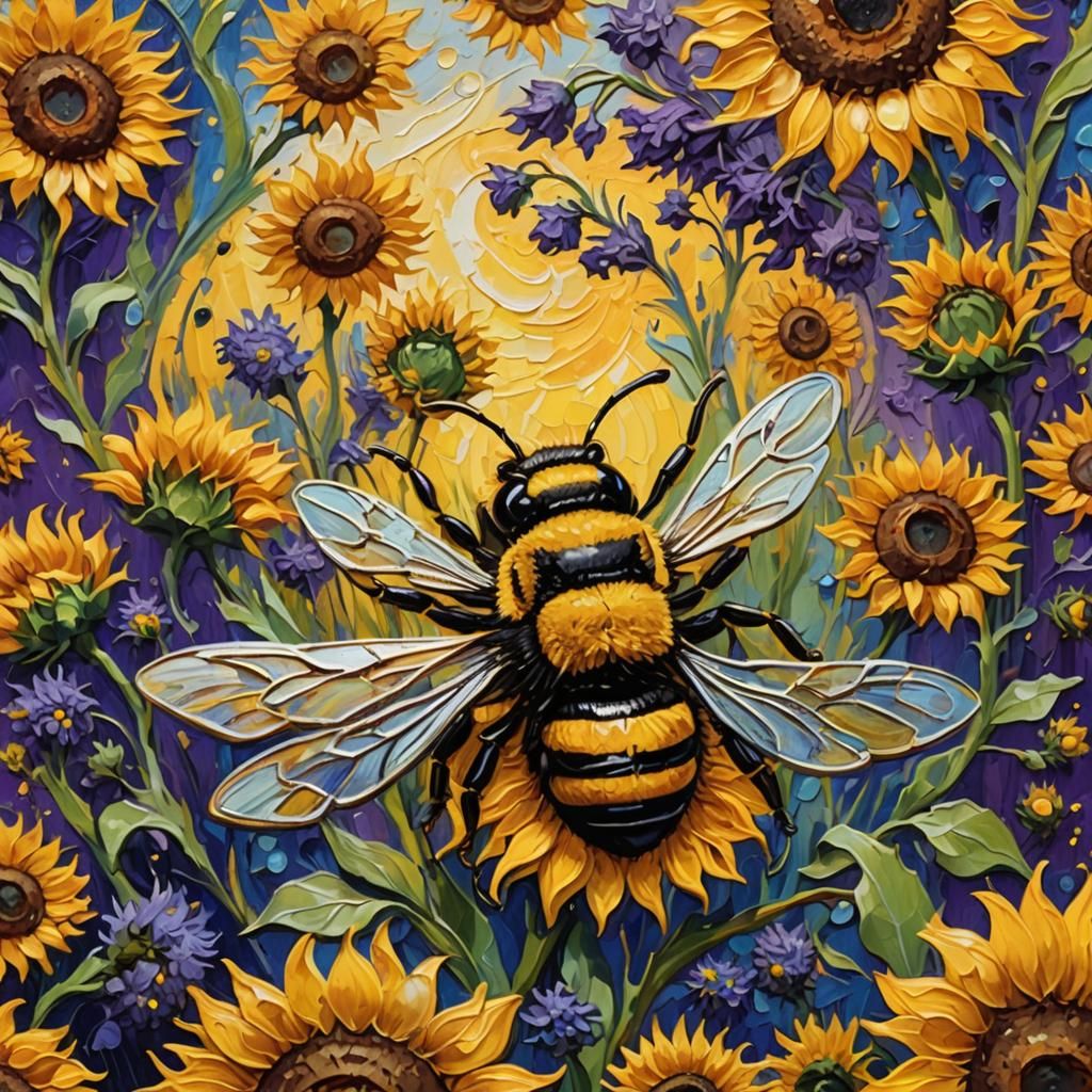 Bee Swirls in Van Gogh Style Sunflower Field