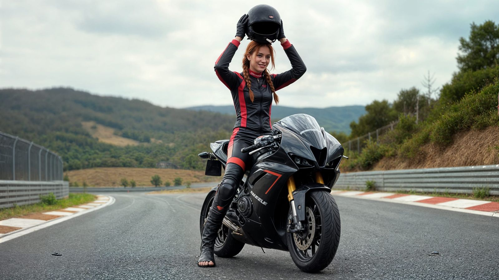Woman Rider Prepares Motorcycle for Race