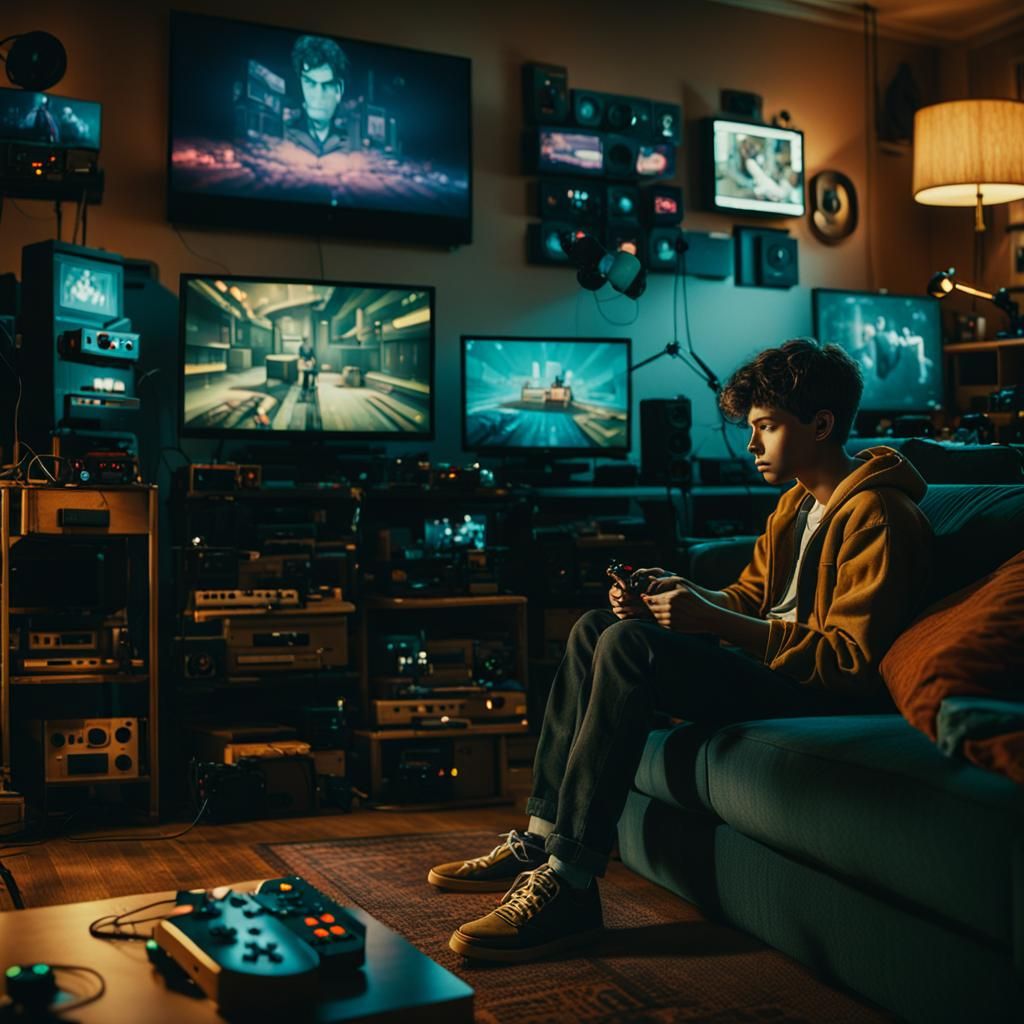 Boy Gaming in Cinematic Film Still Style