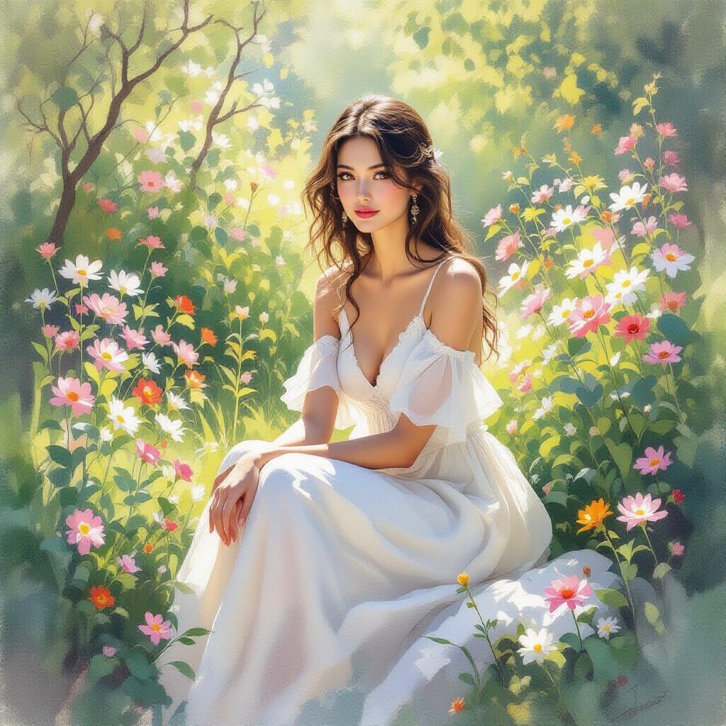 Impressionistic Garden Scene with Serene Woman