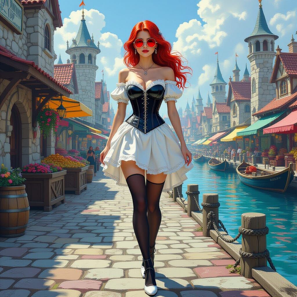 Ariel in Corset Strolls Fantasy Dock: Oil Painting