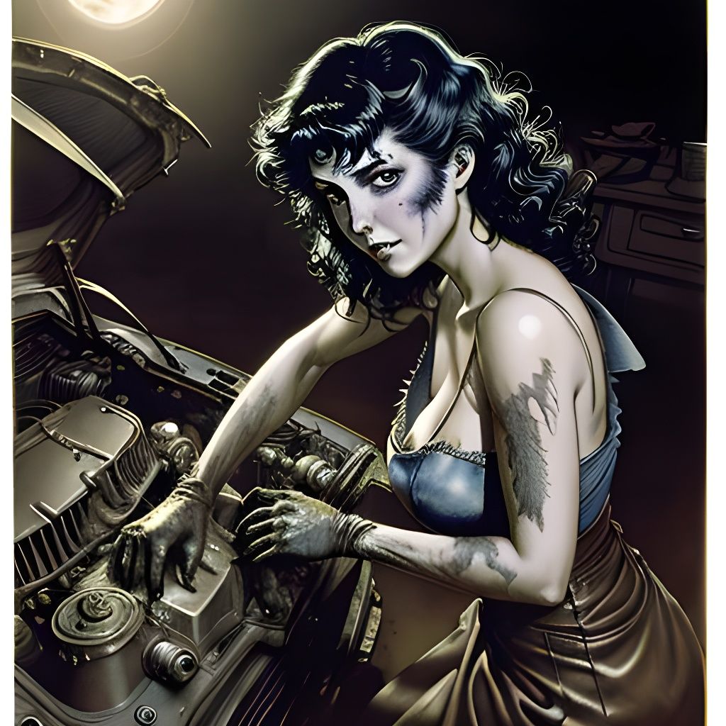 Radiant Woman Repairs Car Engine in Chiaroscuro Style