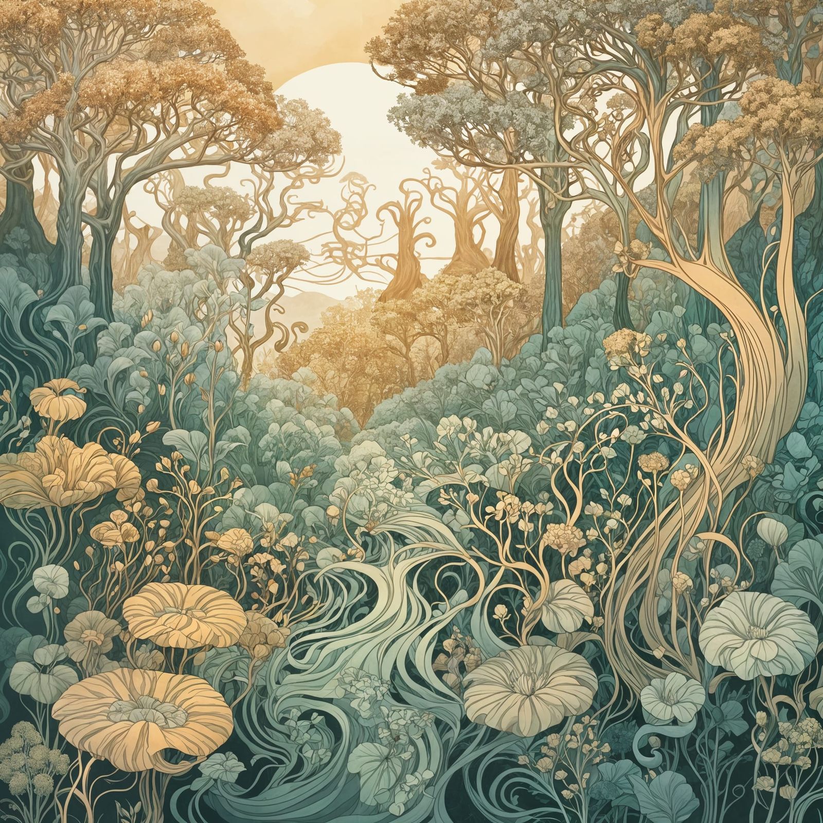 Art Nouveau Forest Landscape in Light Colors