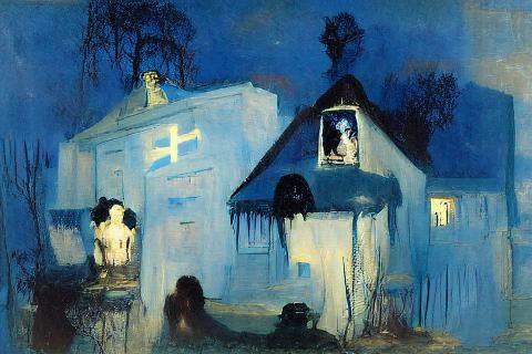 Blue House with Figure, in Atmospheric Style
