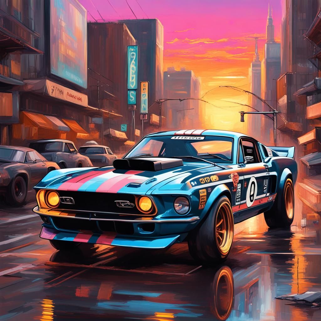 Cyberpunk Mustang GT40 Drifting in Neon Cityscape