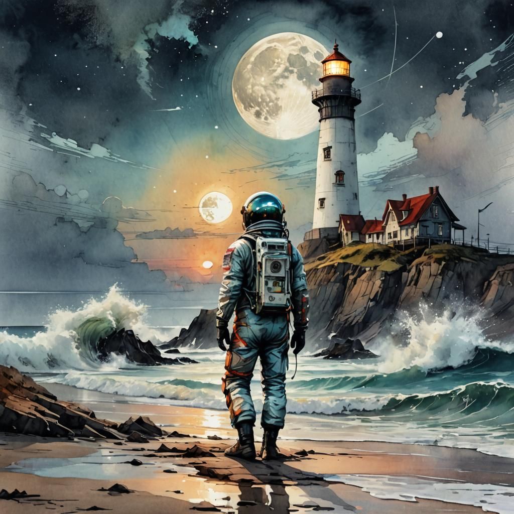 Astronaut Surfer on Moon Beach in Watercolor Style
