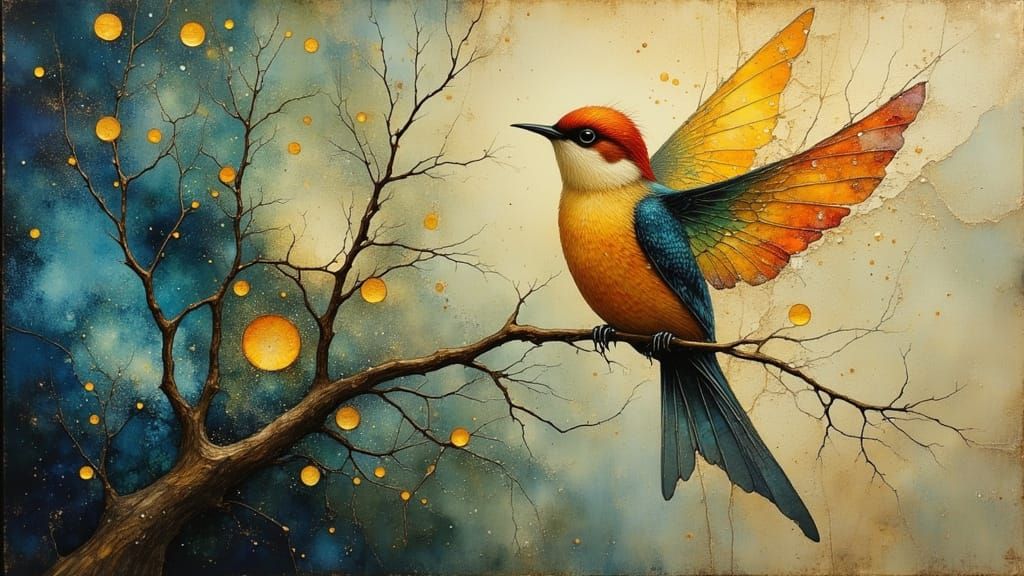 Wistful Painterly Bird on Barren Branch with Gold and Blue A...