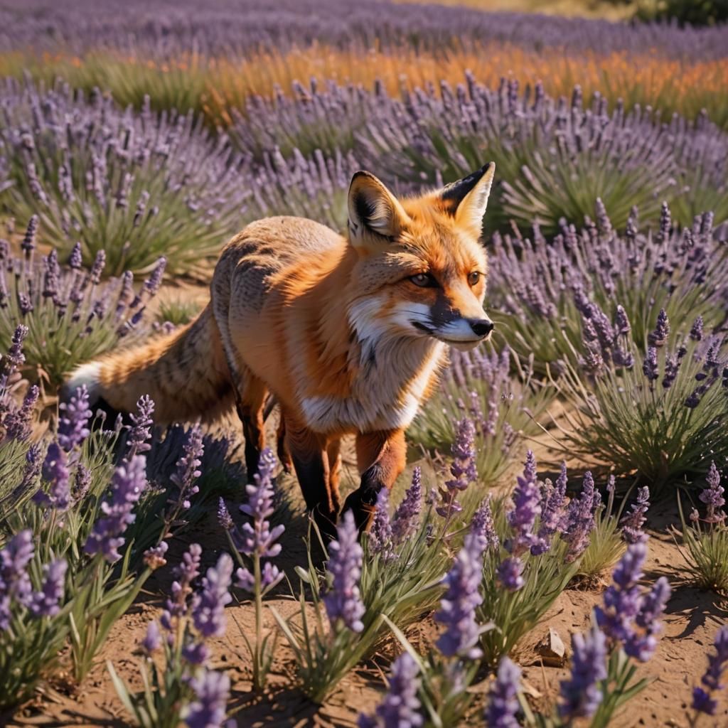 Red Fox in Purple Lavender Field: Digital Art