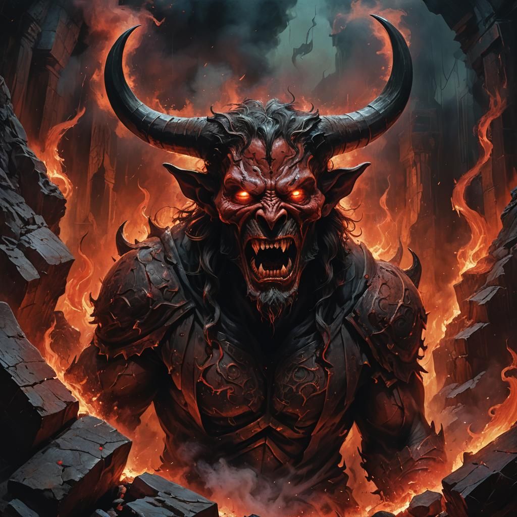 Horror Devil Screaming in Eerie Red Glow, Oil Painting