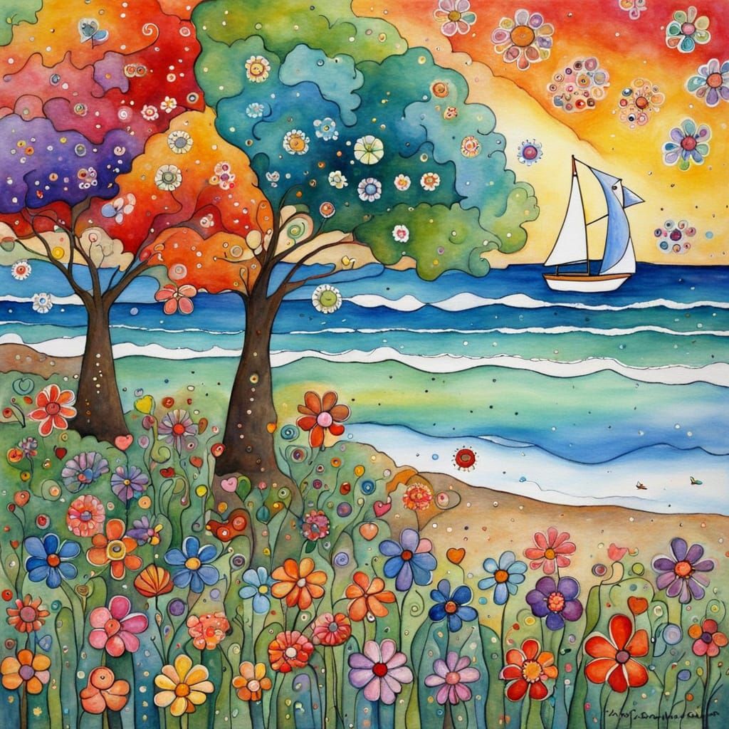 Children Pick Flowers by Cheerful Tree, Watercolor Painting