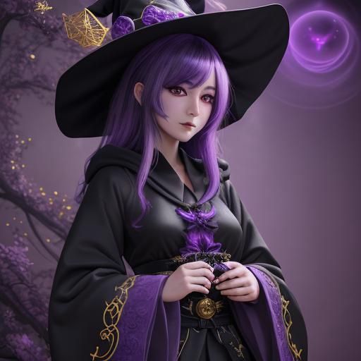 Kawaii Anime Witch in Black and Purple Robes
